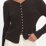 Louiz Button Front Ribbed Knit Cardigan Chocolate