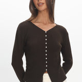 Louiz Button Front Ribbed Knit Cardigan Chocolate