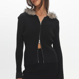 Odetta Fur Collar Knit Top Black