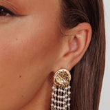 Alina Hammered Circle Tassel Earrings Gold Pearl