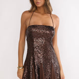 Belora Halterneck Godet Hem Mini Dress Dk Brown