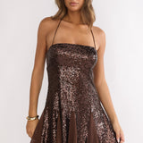 Belora Halterneck Godet Hem Mini Dress Dk Brown