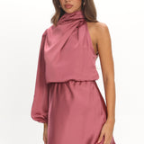 Can't Compete One Sleeve Satin Mini Dress Dusty Pink