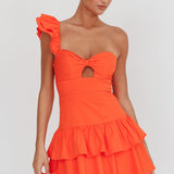 Tea Time One Shoulder Ruffle Mini Dress Tangerine