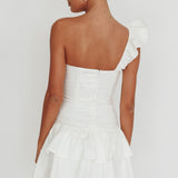 Tea Time One Shoulder Ruffle Mini Dress White