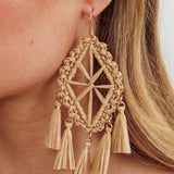 Immense Drop Woven Tassle Earrings Brown