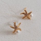 Ethereal Starfish With Pearl Stud Earrings Gold