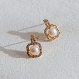 Control Pearl Zirconia Square Drop Stud Earrings Gold