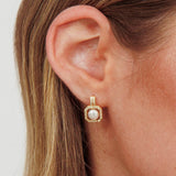 Control Pearl Zirconia Square Drop Stud Earrings Gold