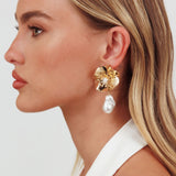 Loren Flower Pearl Droplet Earrings Gold