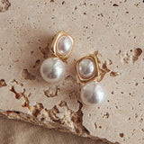 Clara Square Pearl Drop Earrings Gold Pearl
