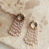 Alina Hammered Circle Tassel Earrings Gold Pearl
