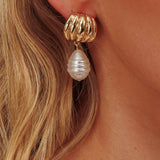 Andi Ridged Pearl Drop Stud Earrings Gold/Pearl