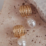Andi Ridged Pearl Drop Stud Earrings Gold/Pearl