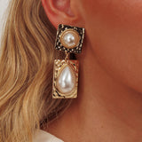 Chloe Hammered Drop Earrings Gold/Pearl