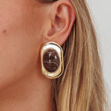 Tammy Squoval Cabochon Earrings Gold/Chocolate