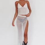 Heart Breaker Diamante Mesh Maxi Skirt White