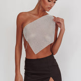 Sun Dial One Shoulder Diamante Top Silver