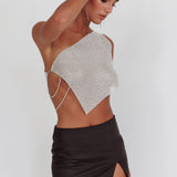 Sun Dial One Shoulder Diamante Top Silver