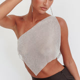 Sun Dial One Shoulder Diamante Top Silver