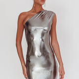 Glitter One-Shoulder Mini Dress Silver
