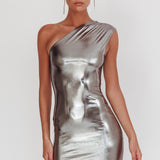 Glitter One-Shoulder Mini Dress Silver
