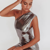 Glitter One-Shoulder Mini Dress Silver