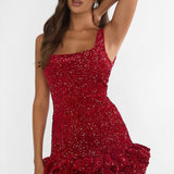 Cherry Bomb Frill Hem Romper Sequin Red