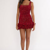 Cherry Bomb Frill Hem Romper Sequin Red
