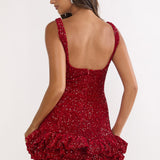 Cherry Bomb Frill Hem Romper Sequin Red