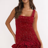 Cherry Bomb Frill Hem Romper Sequin Red
