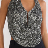 Marquess Backless Halter Top Sequin Gunmetal
