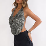 Marquess Backless Halter Top Sequin Gunmetal