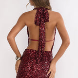 Afterlight Halterneck Backless Sequin Mini Dress Cherry