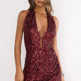 Afterlight Halterneck Backless Sequin Mini Dress Cherry