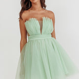 Touch The Stars Gathered Mesh Mini Dress Sage