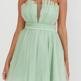 Touch The Stars Gathered Mesh Mini Dress Sage