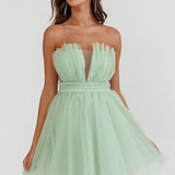 Touch The Stars Gathered Mesh Mini Dress Sage