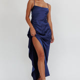 Night Swim Satin Leg Slit Maxi Dress Navy