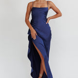 Night Swim Satin Leg Slit Maxi Dress Navy