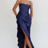 Night Swim Satin Leg Slit Maxi Dress Navy