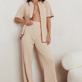 Liloh Contrast Ribbed Wide Leg Pant Beige