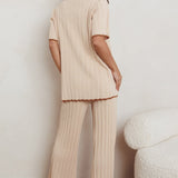 Liloh Contrast Ribbed Wide Leg Pant Beige