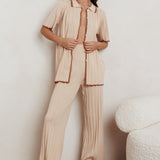 Liloh Contrast Ribbed Wide Leg Pant Beige