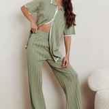 Liloh Contrast Ribbed Wide Leg Pant Sage