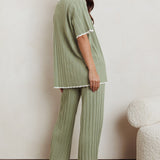 Liloh Contrast Ribbed Wide Leg Pant Sage