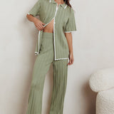 Liloh Contrast Ribbed Wide Leg Pant Sage