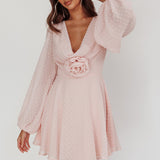 Open Heart Long Sleeve Rosette Mini Dress Baby Pink