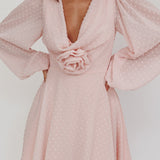 Open Heart Long Sleeve Rosette Mini Dress Baby Pink