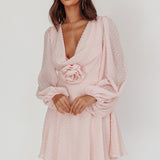 Open Heart Long Sleeve Rosette Mini Dress Baby Pink